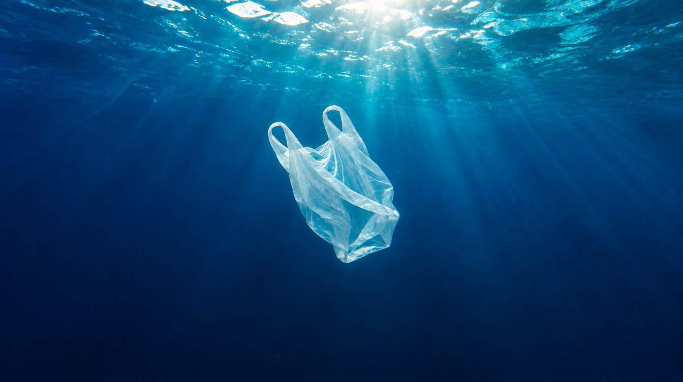 A translucent plastic bag floating at the center of a sunlit blue ocean